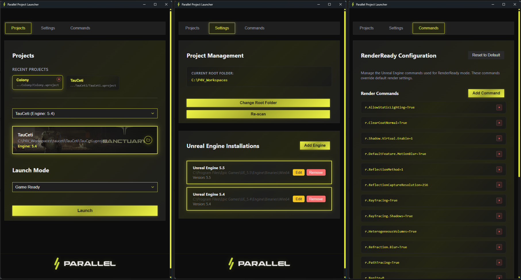 Parallel Project Launcher: Projects / Settings / Commands